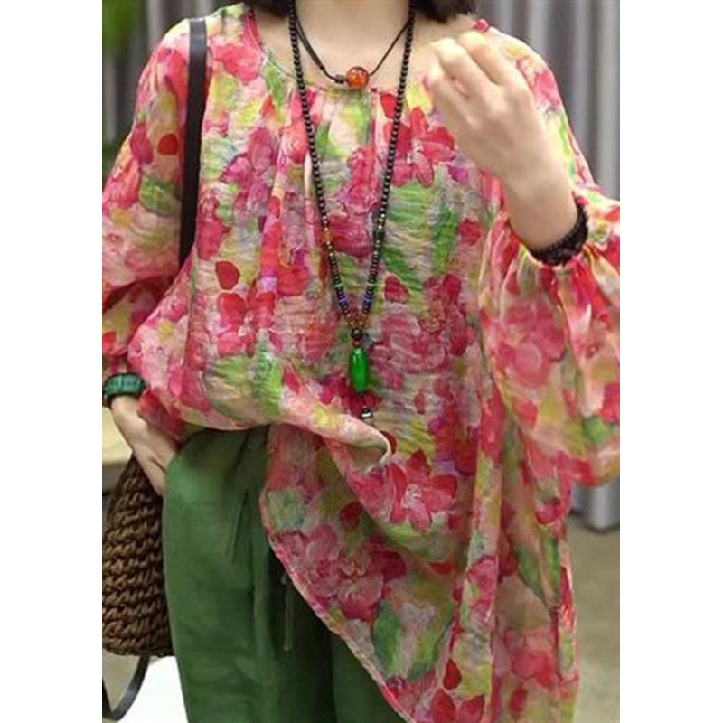 Art Red O Neck Print Patchwork Linen Tops Long sleeve