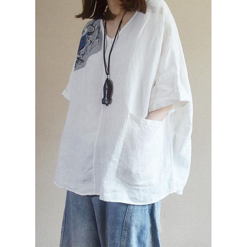 Art White O Neck Print Pockets Patchwork Linen Shirt Tops Summer