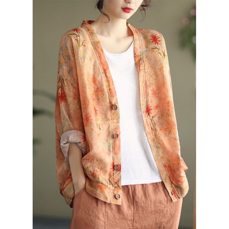 Beautiful Orange V Neck Print Button Linen Coats Long Sleeve