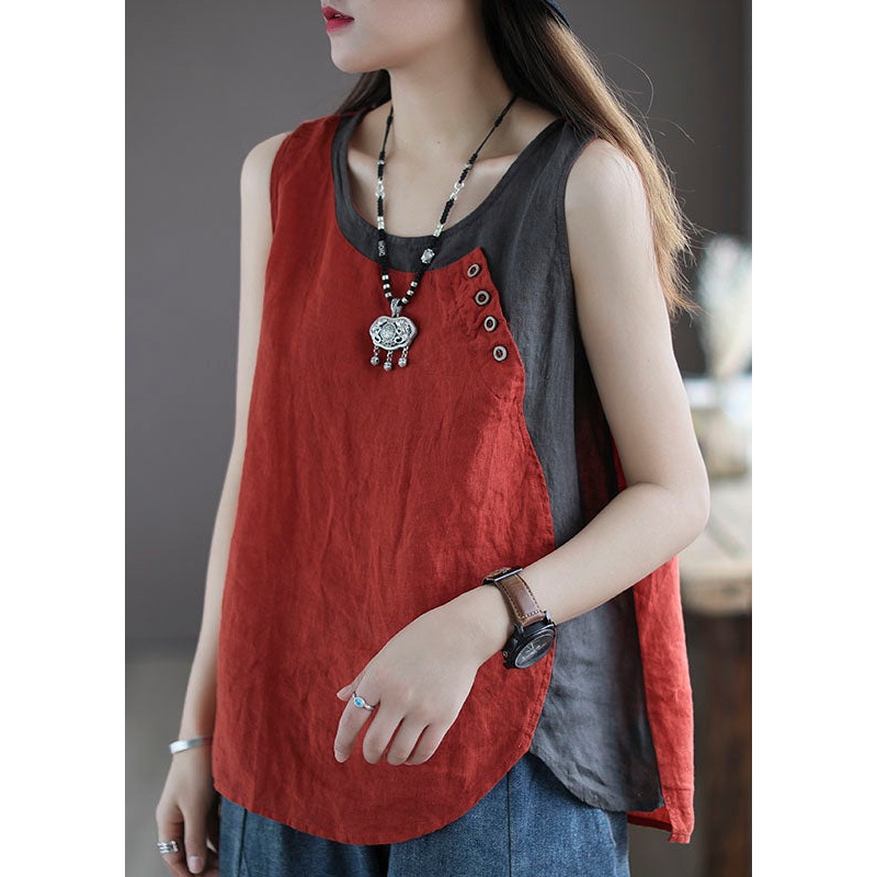 Beautiful Red O Neck Patchwork Cotton T Shirts Tops Sleeveless
