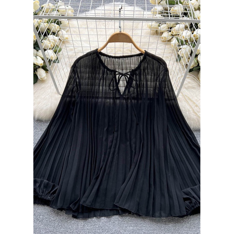 Black Patchwork Loose Chiffon Top O Neck Wrinkled Lace Up Summer