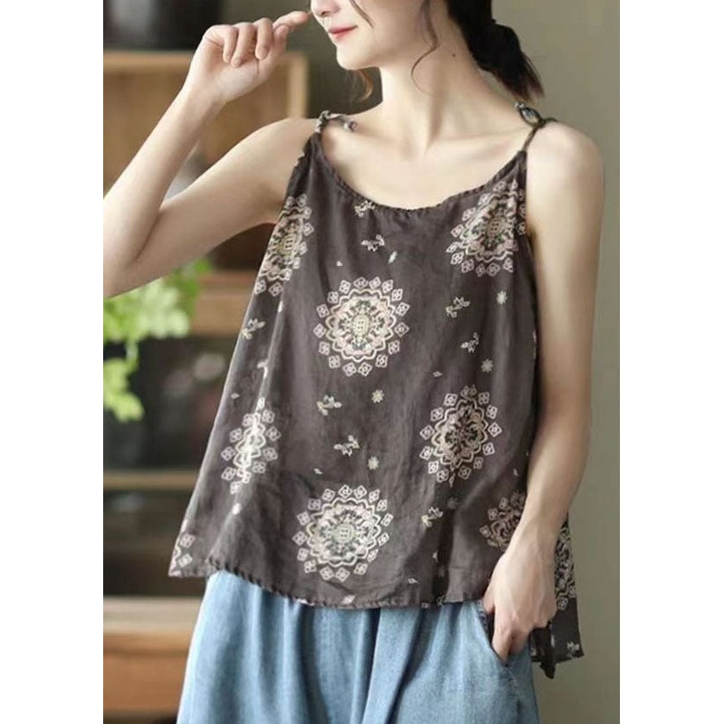 Bohemian Brown O Neck Print Patchwork Linen Tops Sleeveless