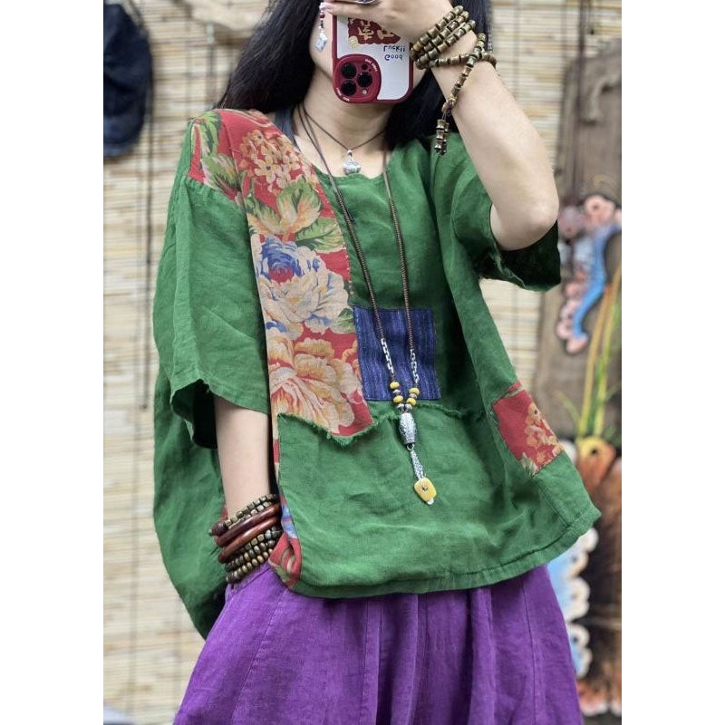 Bohemian Green O Neck Print Patchwork Linen T Shirts Top Summer