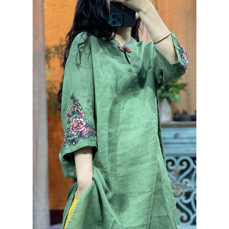 Bohemian Green Stand Collar Embroidered Patchwork Linen Shirts Summer