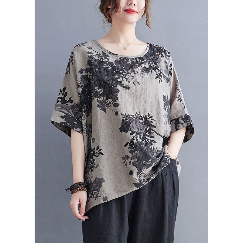 Bohemian Grey O Neck Print Patchwork Cotton Top Summer