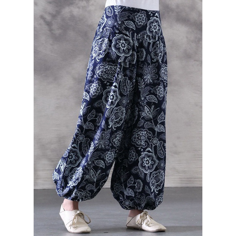 Bohemian Navy Print Elastic Waist Patchwork Cotton Lantern Pants Summer