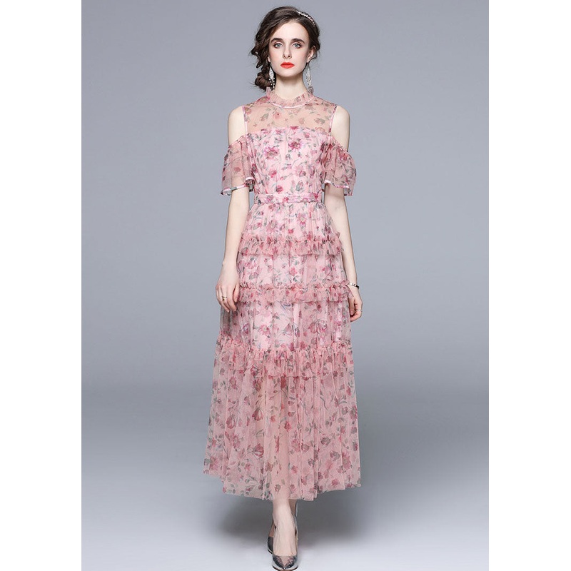 Bohemian Pink Cold Shoulder Print Ruffled Chiffon Long Dresses Summer