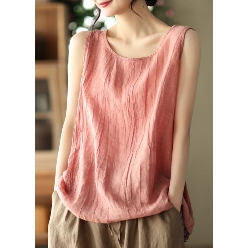 Bohemian Pink O Neck Patchwork Linen Tanks Top Sleeveless