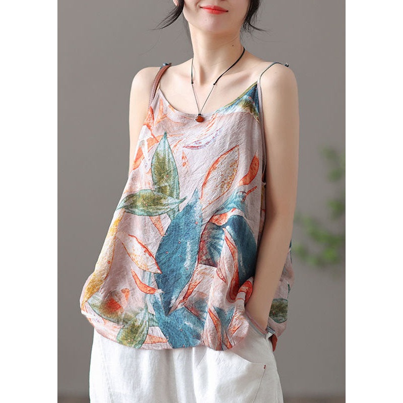 Bohemian Pink Print Patchwork Linen Tank Tops Sleeveless