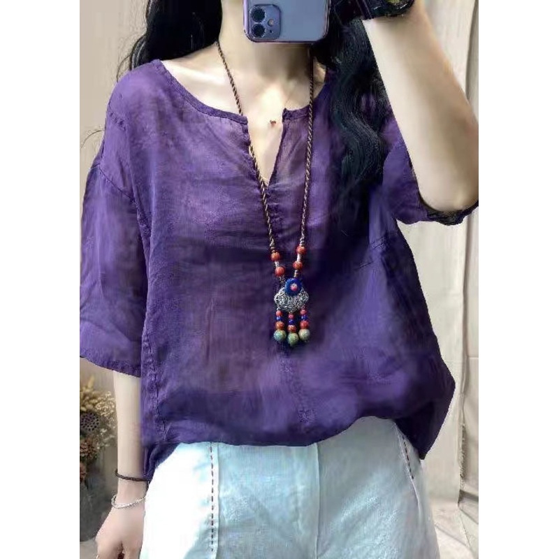 Bohemian Purple V Neck Patchwork Linen T Shirt Top Summer