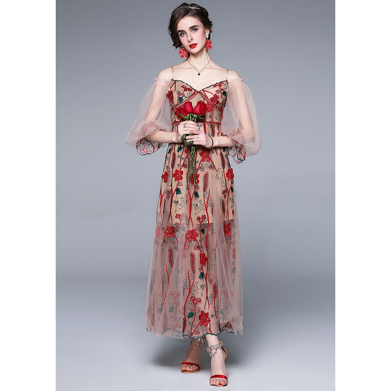 Bohemian Red V Neck Embroideried Patchwork Tulle Dress Lantern Sleeve