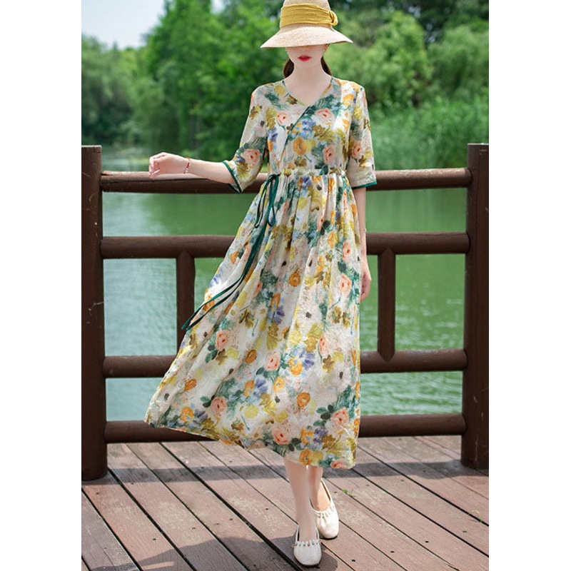 Boho Floral V Neck Drawstring Patchwork Linen Dress Summer