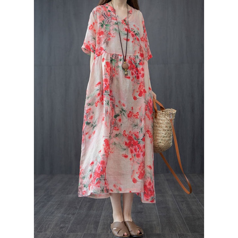 Boho Red V Neck Print Pockets Patchwork Linen Dress Summer