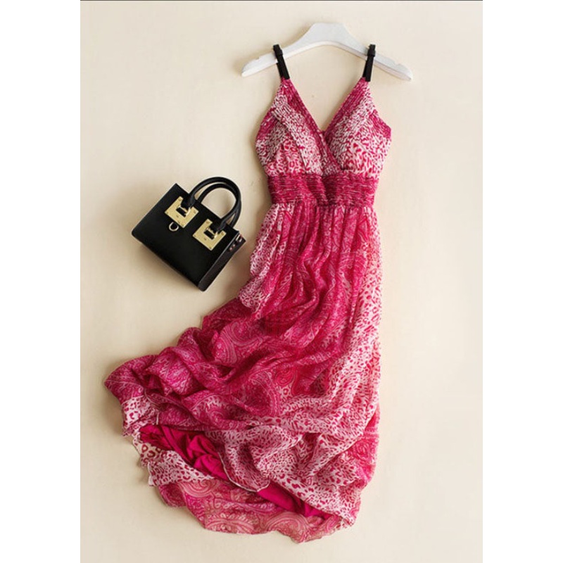 Boho Rose Print Wrinkled Patchwork Silk Spaghetti Strap Dress Sleeveless