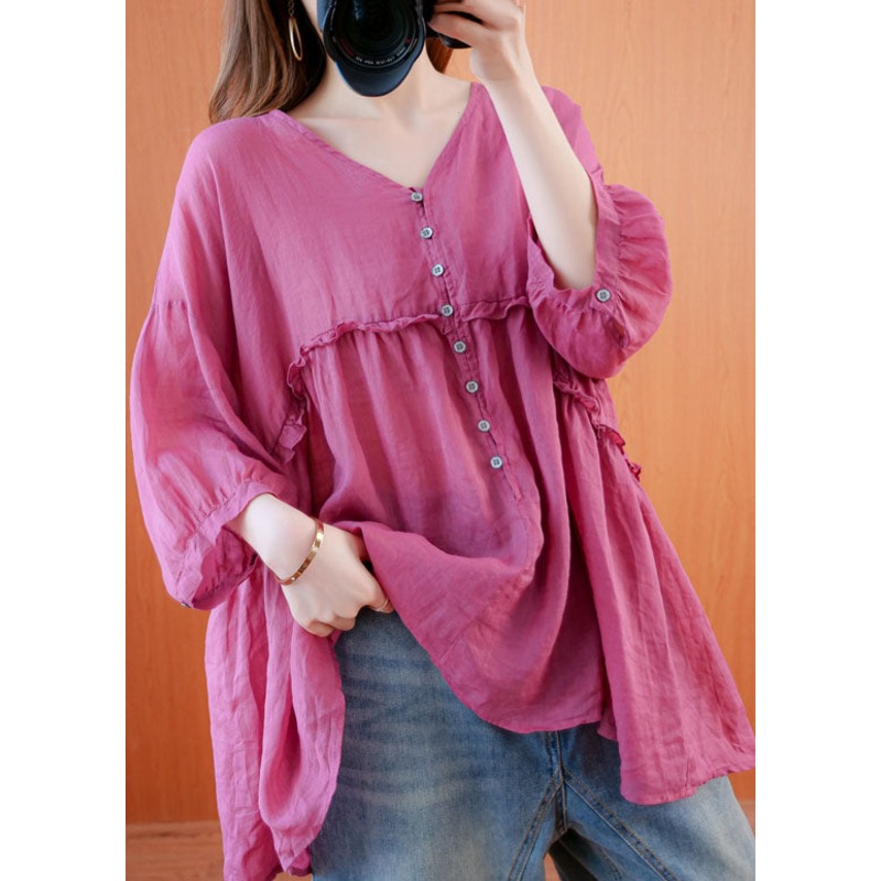 Boho Rose V Neck Ruffled Patchwork Cotton Shirt Tops Bracelet Sleeve