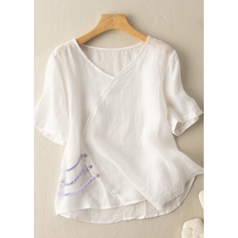 Boho White V Neck Button Patchwork Linen Shirt Top Summer