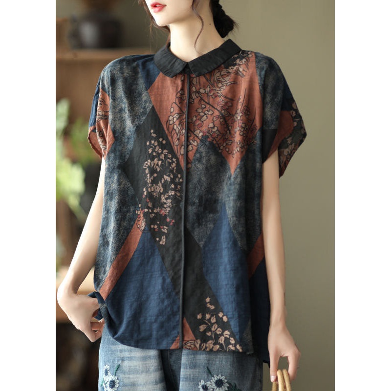 Boutique Coffee Peter Pan Collar Print Patchwork Cotton Shirts Top Summer
