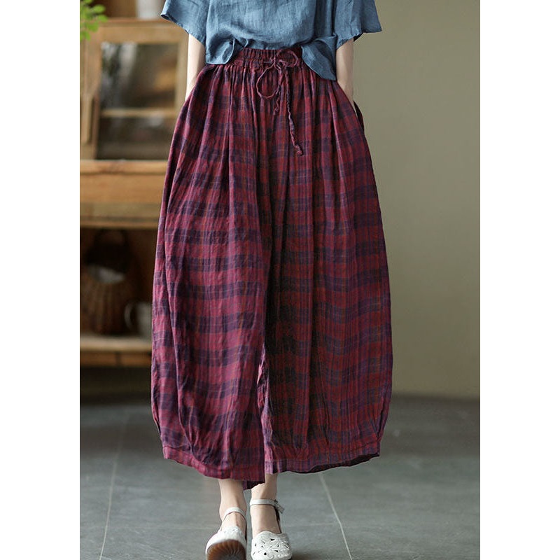 Boutique Red Plaid Pockets Cinched Patchwork Cotton Lantern Pants Summer