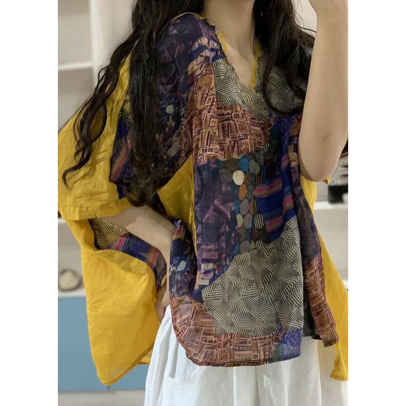 Boutique Yellow V Neck Print Patchwork Cotton Shirt Top Summer