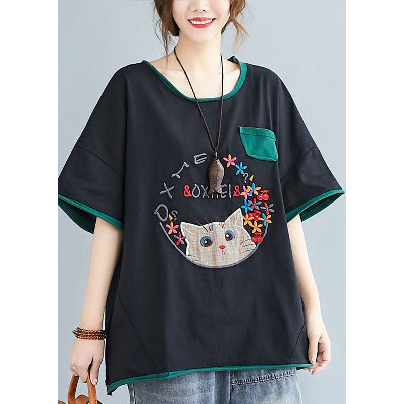 Casual Black Cats Embroidered Patchwork Cotton Shirt Tops Summer