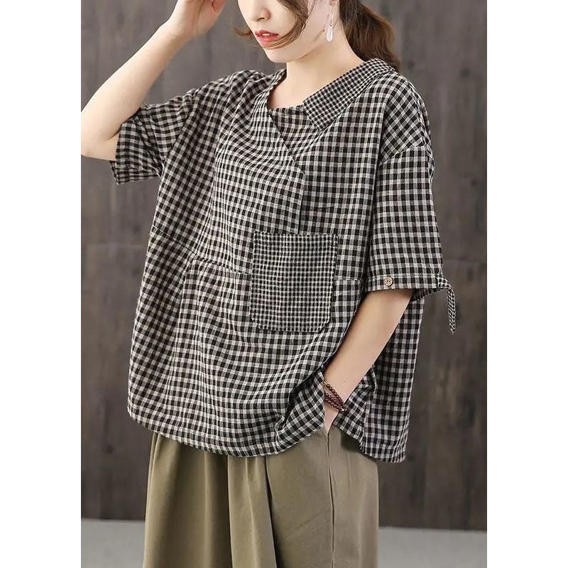 Casual Black Plaid Pockets Patchwork Cotton T Shirt Top Summer