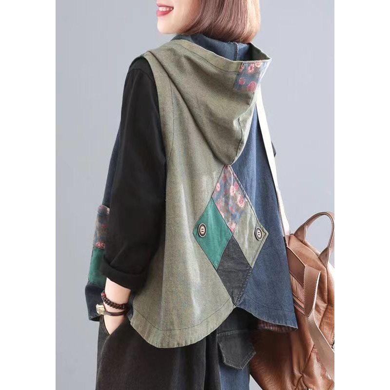 Casual Blue Print Pockets Patchwork Denim Hoodies Vest Fall