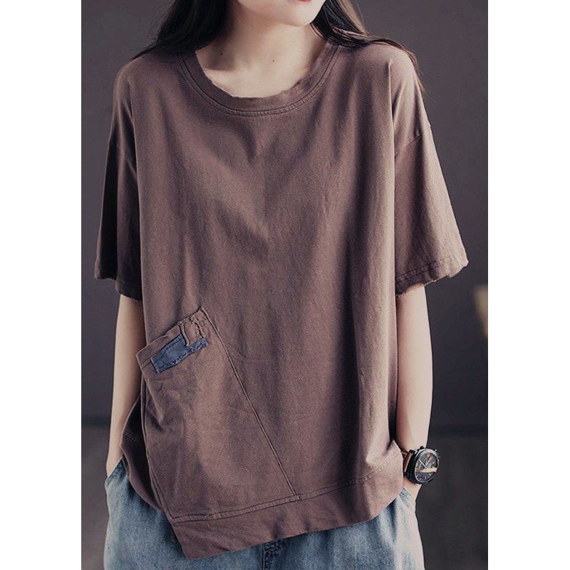 Casual Coffee O Neck Pockets Patchwork Cotton T Shirt Tops Summer