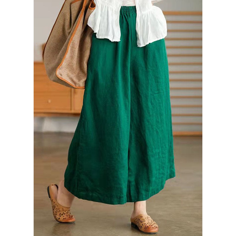 Casual Green Pockets Patchwork Cotton Wide Leg Pants Summer