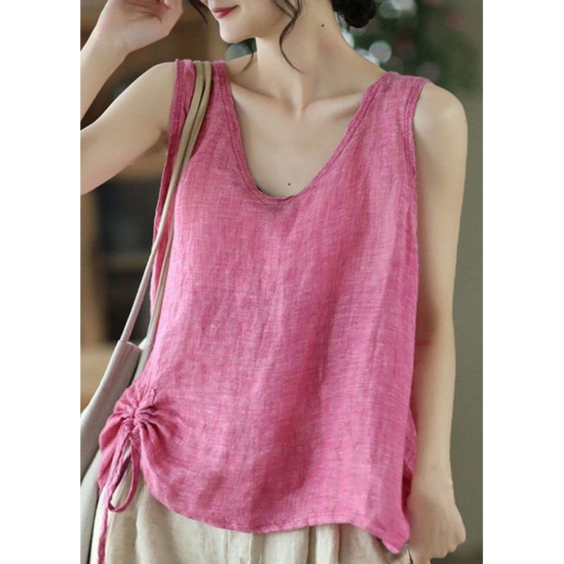 Casual Pink O Neck Cinched Patchwork Cotton Tank Tops Sleeveless