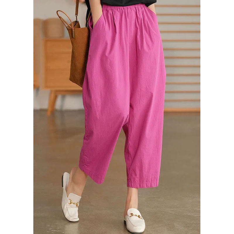 Casual Rose Pockets Elastic Waist Patchwork Linen Crop Pants Summer