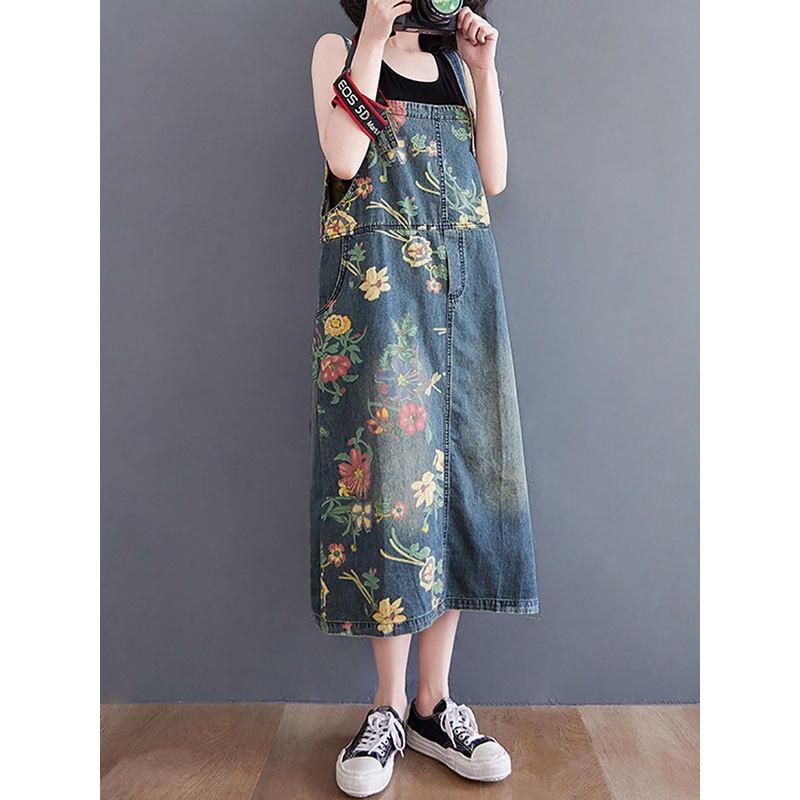 Casual Summer Flower Spliced Pocket Suspengder Dress