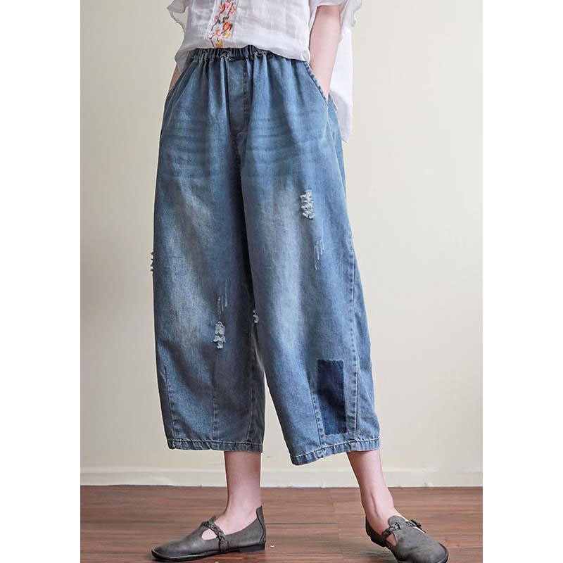 Chic Blue Pockets Elastic Waist Patchwork Cotton Crop Pants Summer