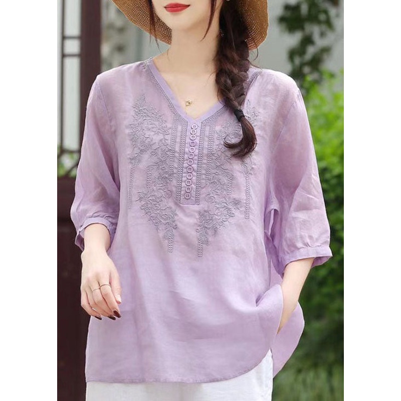 Chic light Purple V Neck Embroideried Patchwork Linen Top Summer