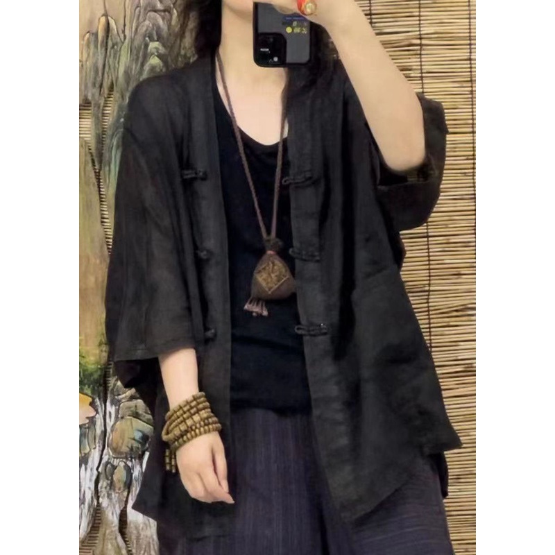 Chinese Style Black Pockets Button Patchwork Cotton Shirts Tops Summer
