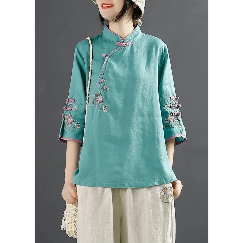 Chinese Style Blue Stand Collar Embroideried Patchwork Cotton Blouses Summer