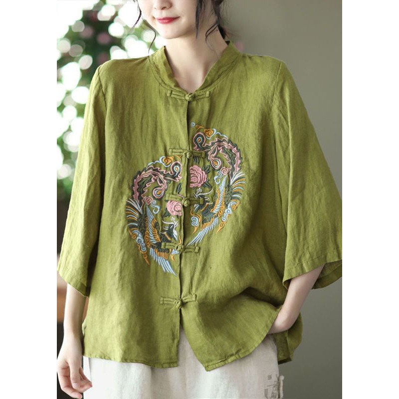 Chinese Style Green Embroideried Button Patchwork Cotton Shirt Tops Summer
