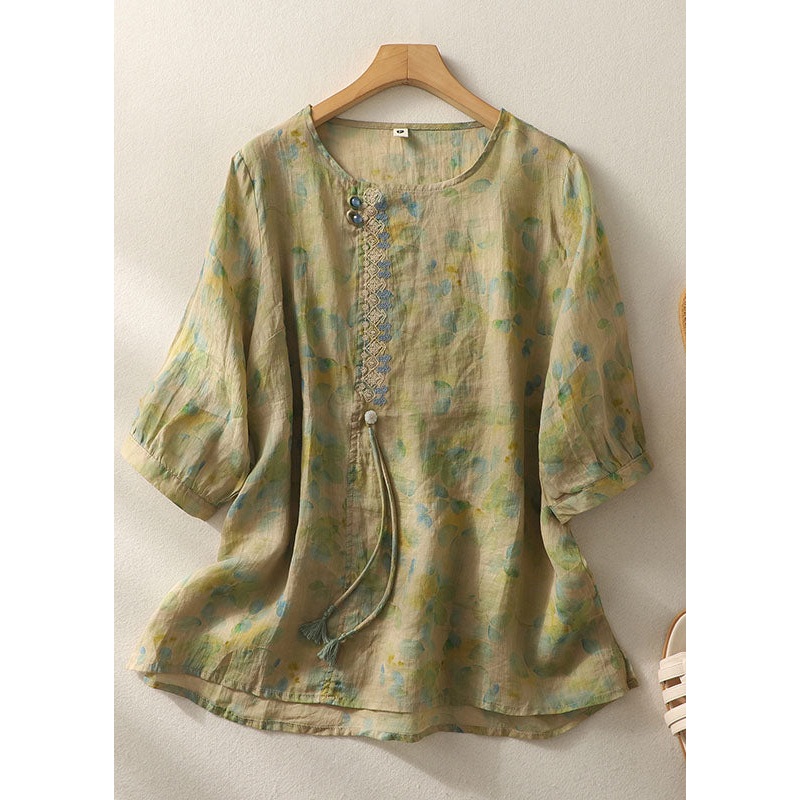Chinese Style Green Print Tasseled Patchwork Cotton Top Half Sleeve