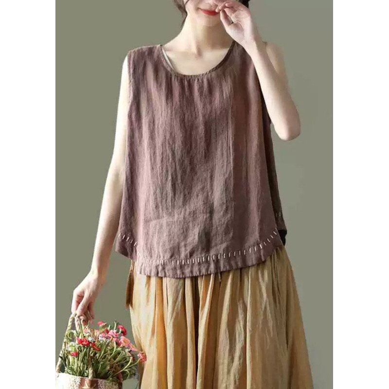 DIY Coffee O-Neck Embroideried Patchwork Cotton Tops Sleeveless