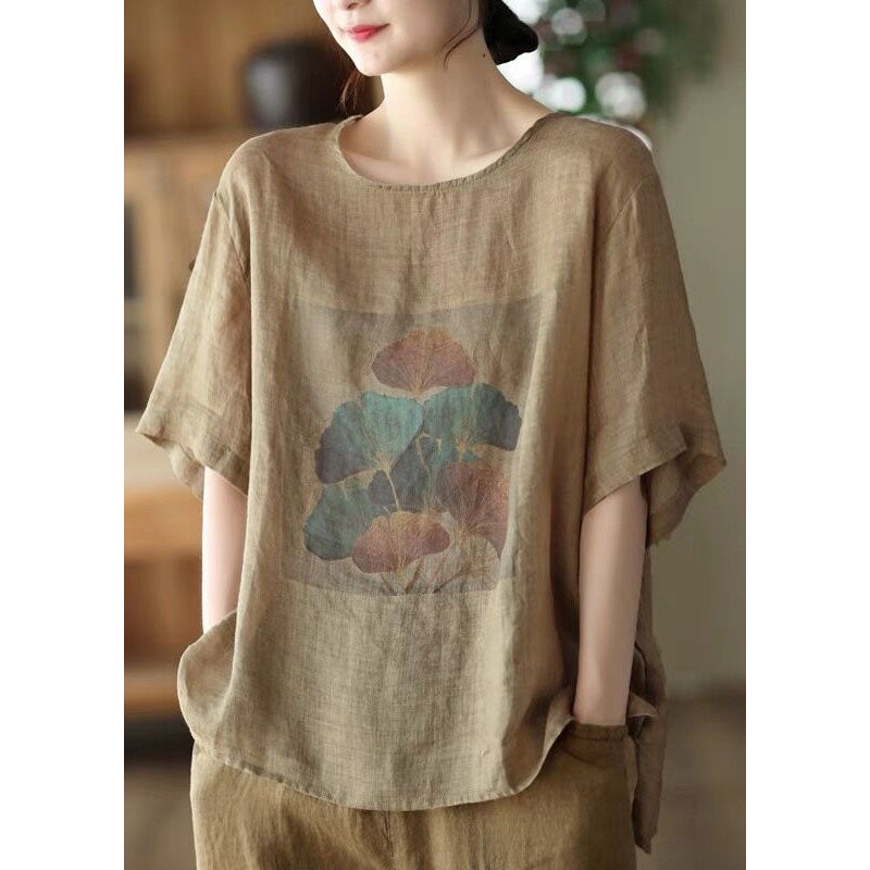DIY Coffee O Neck Print Patchwork Linen T Shirt Summer
