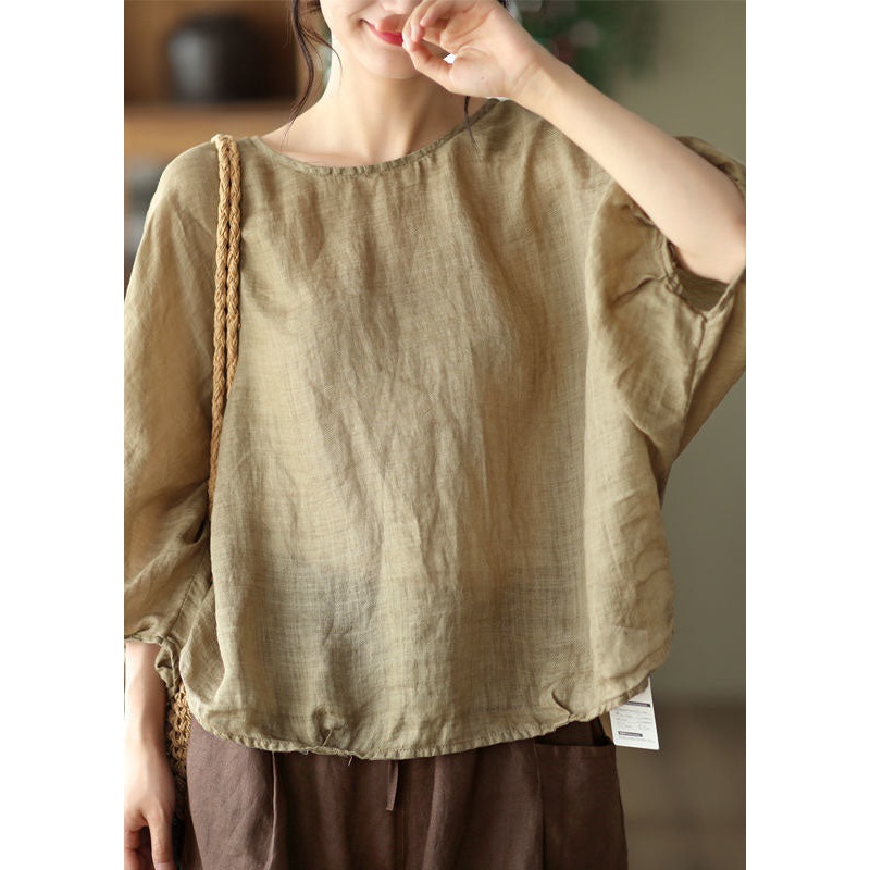 DIY Khaki O Neck Patchwork Cotton T Shirts Top Batwing Sleeve