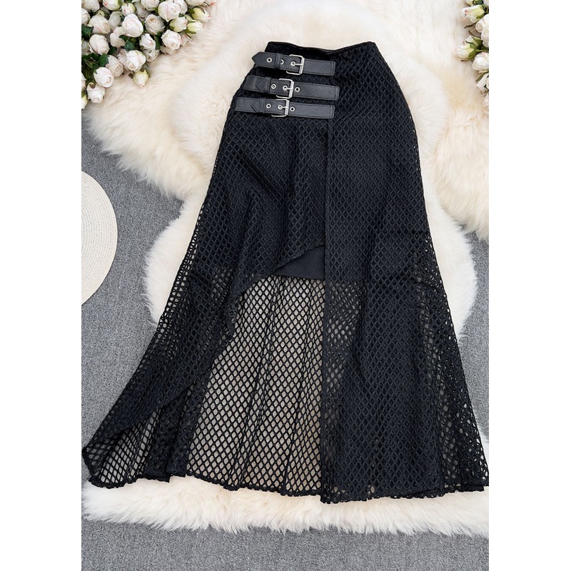 Fashion Black Asymmetrical High Waist Patchwork Tulle Skirt Summer