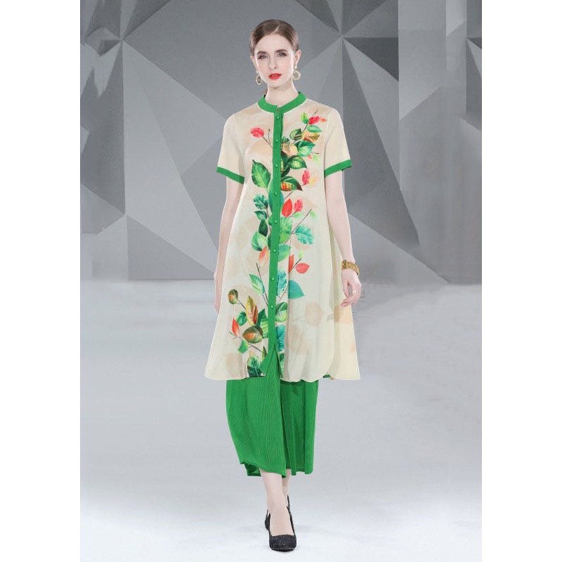 Fashion Green Print Button Loose Chiffon 2 Piece Outfit Summer
