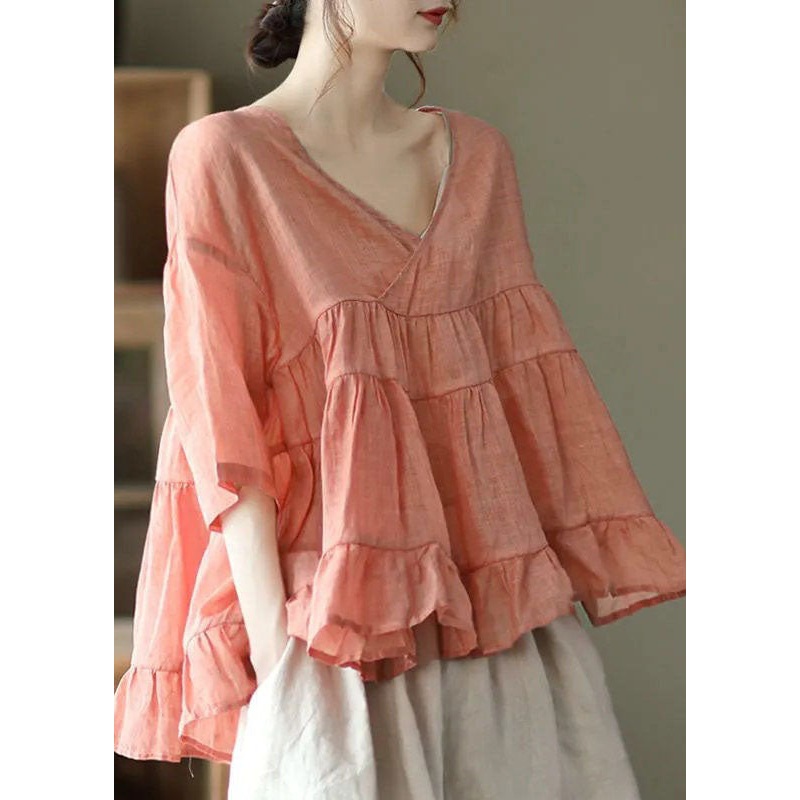 Fine Orange V Neck Ruffled Patchwork Cotton Shirt Top Summer