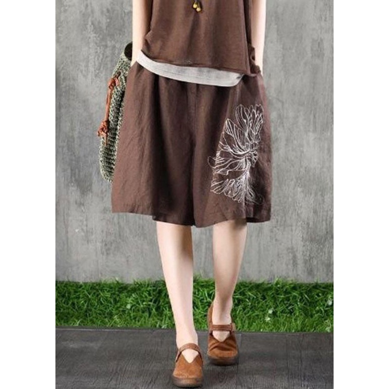 French Coffee Embroideried Pockets Patchwork Linen Shorts Summer