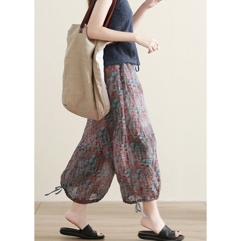 French Print Cinched Pockets Patchwork Cotton Crop Pants Summer
