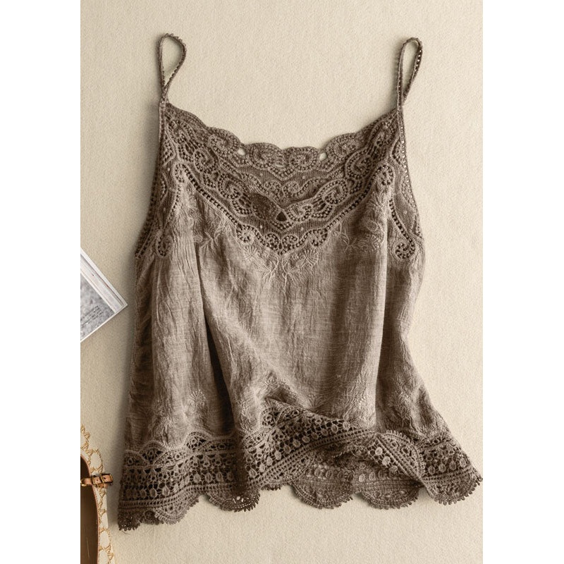 Handmade Khaki Hollow Out Patchwork Thin Lace Tank Sleeveless