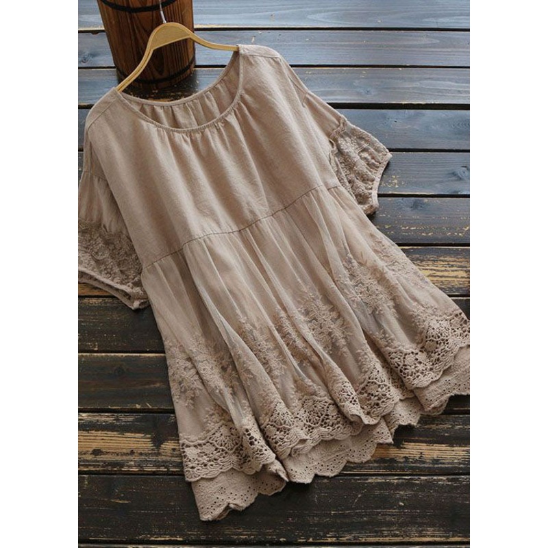 Handmade Khaki Tulle Embroideried Patchwork Cotton Top Summer