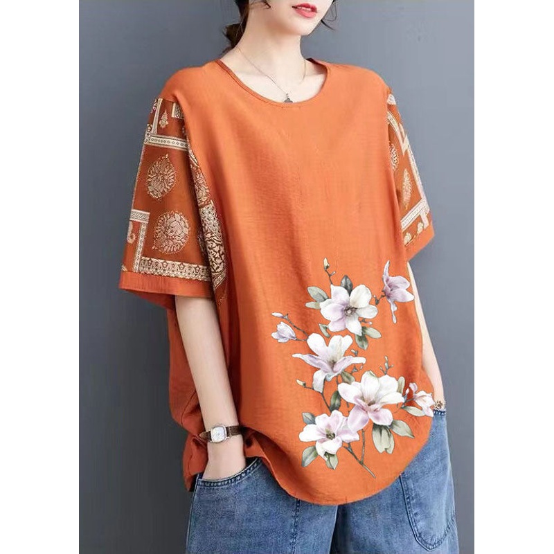 Handmade Orange O Neck Print Patchwork Linen T Shirts Half Sleeve