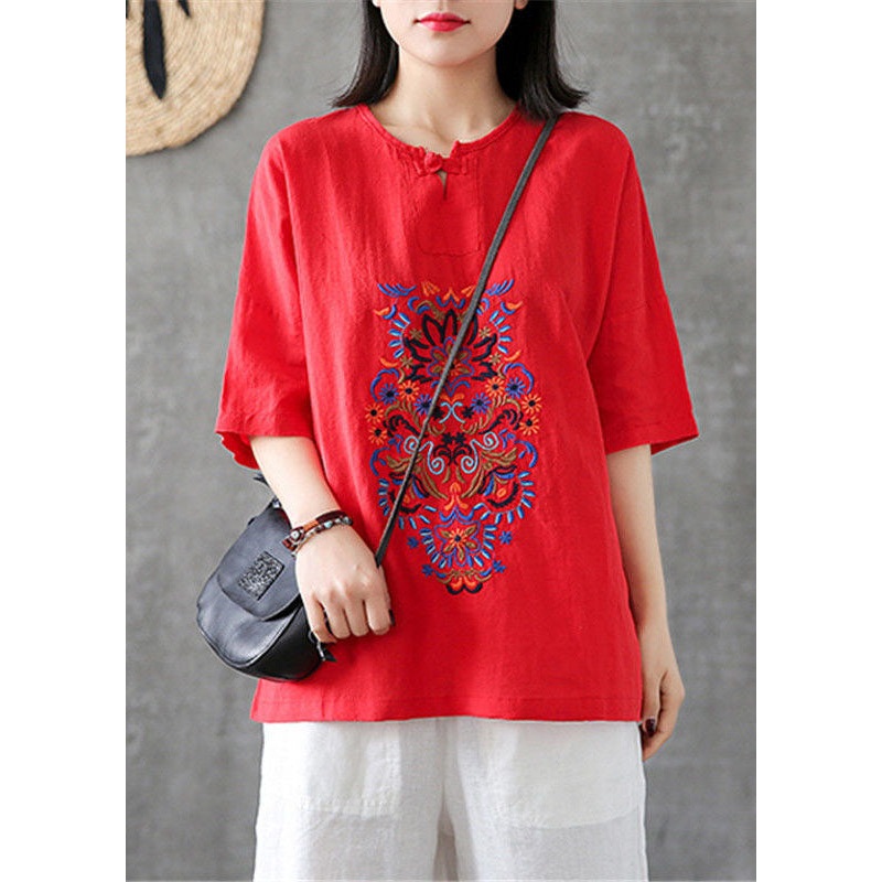 Handmade Red Embroideried Patchwork Linen T Shirt Summer