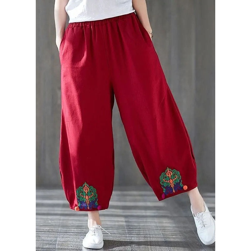 Handmade Red Embroideried Pockets Patchwork Cotton Lantern Pants Summer